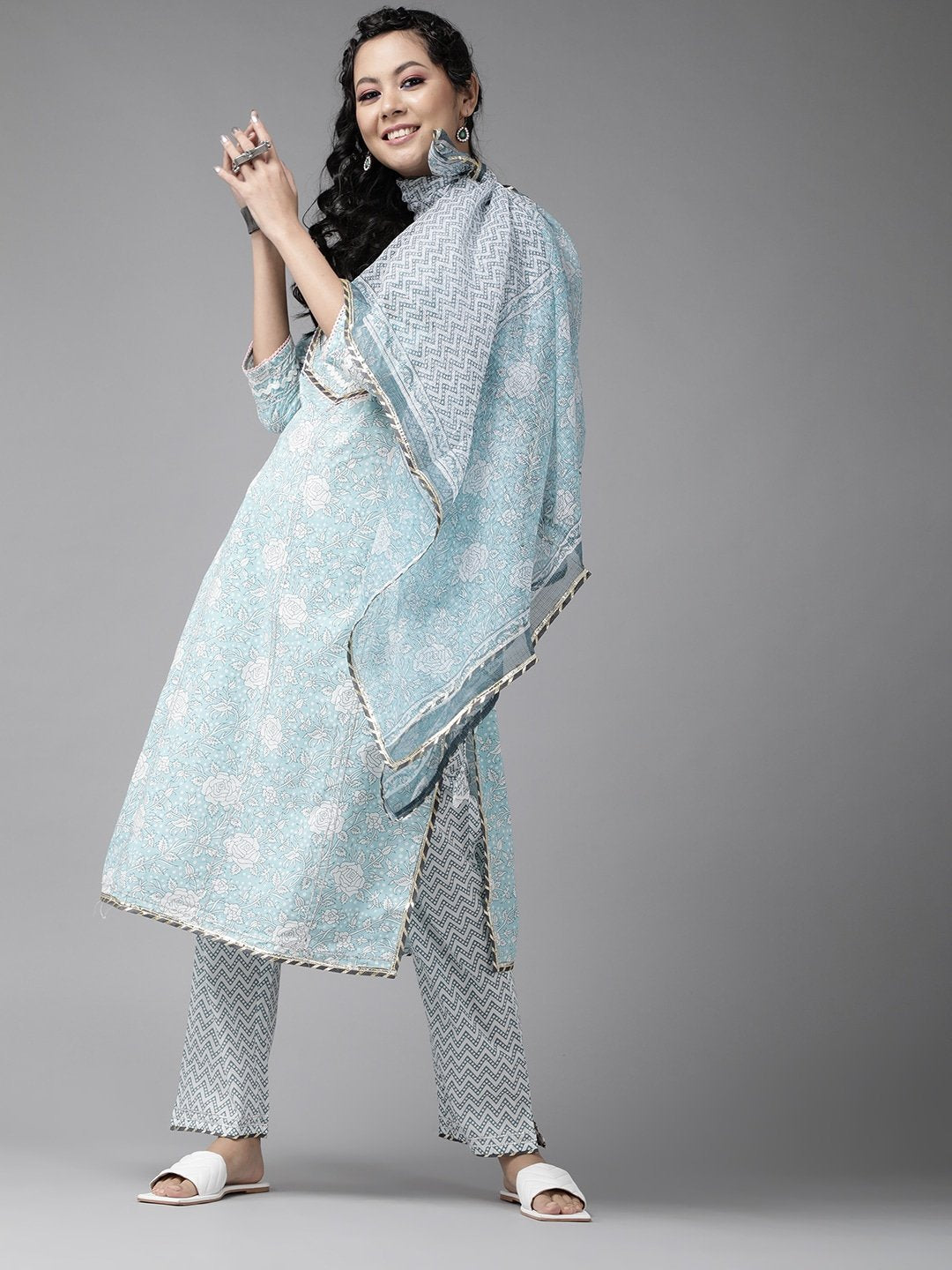 Ishin Women's Blue & Off White Embroidered A-Line Kurta Trouser Dupatta Set