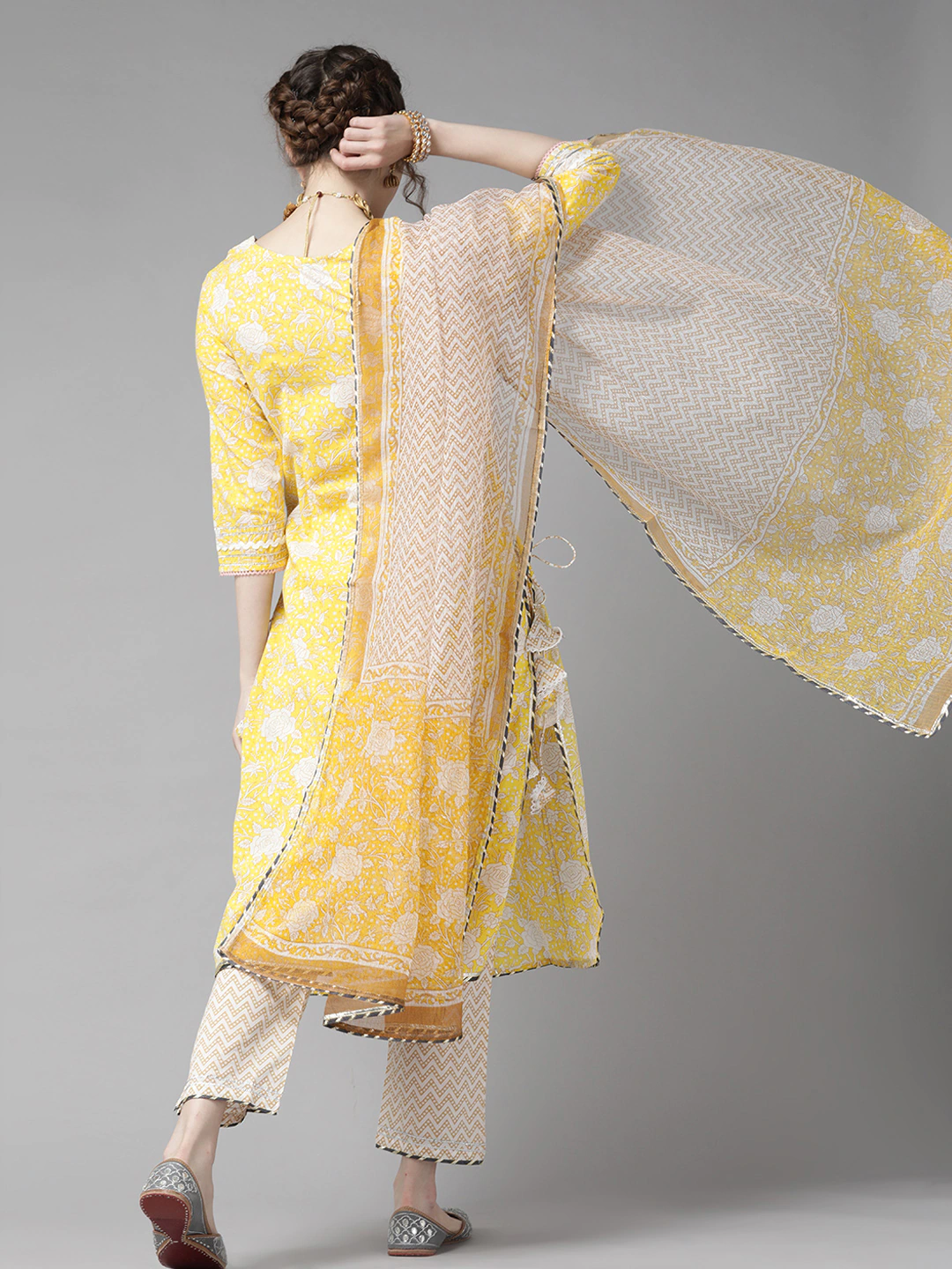 Ishin Women's Yellow & Off White Embroidered A-Line Kurta Trouser Dupatta Set