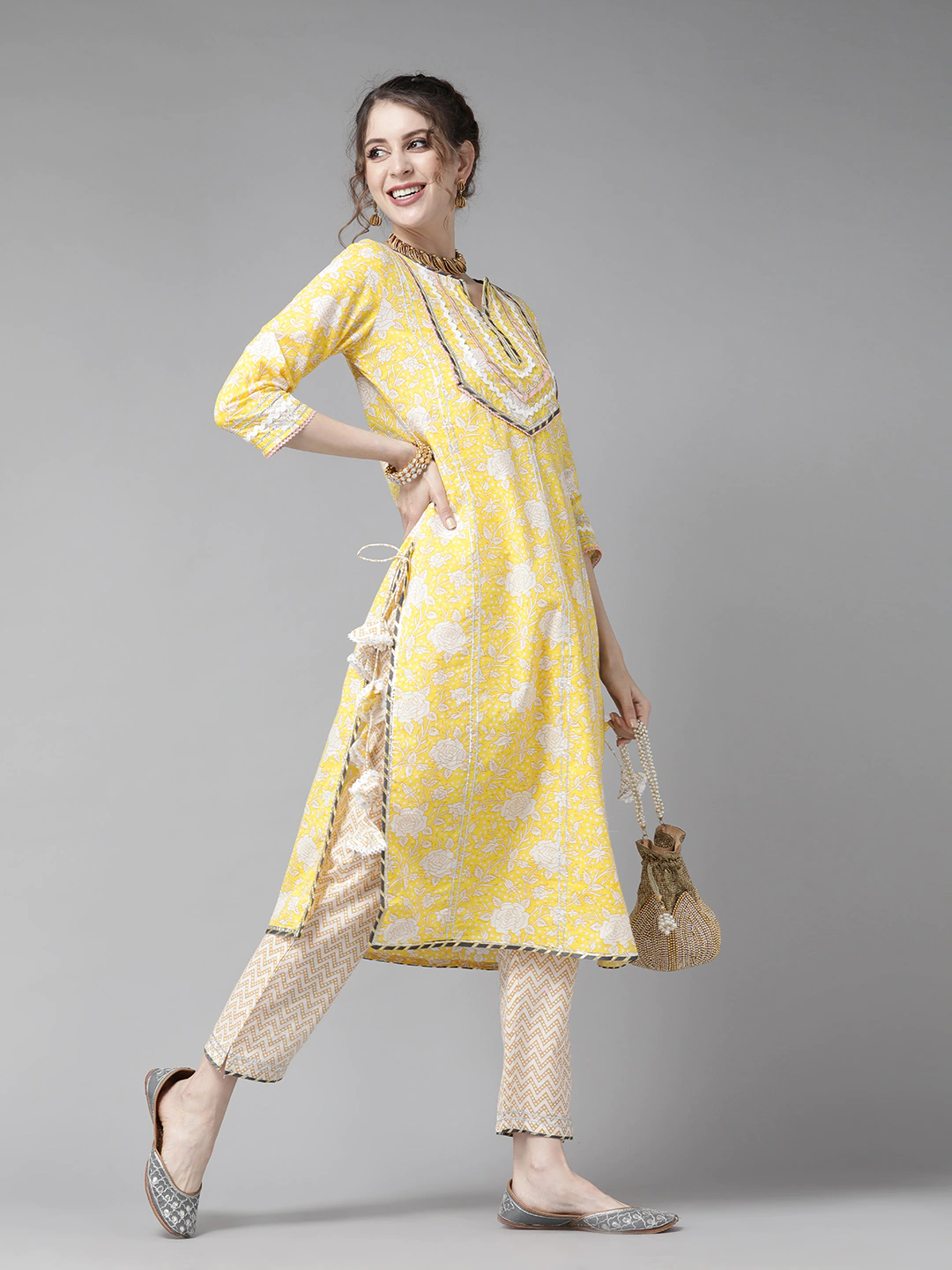 Ishin Women's Yellow & Off White Embroidered A-Line Kurta Trouser Dupatta Set