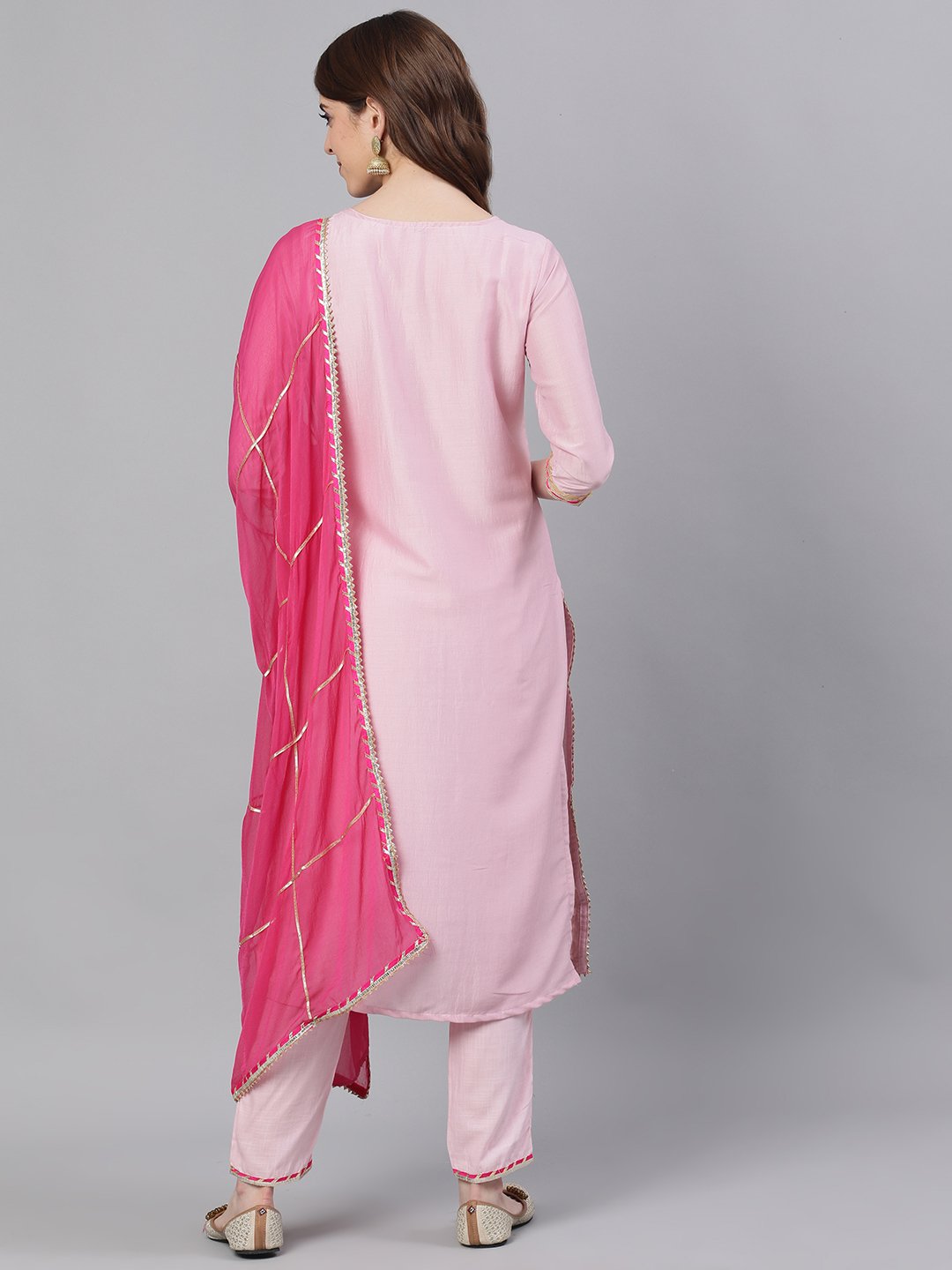 Ishin Women's Silk Pink Embroidered A-Line Kurta Trouser Dupatta Set