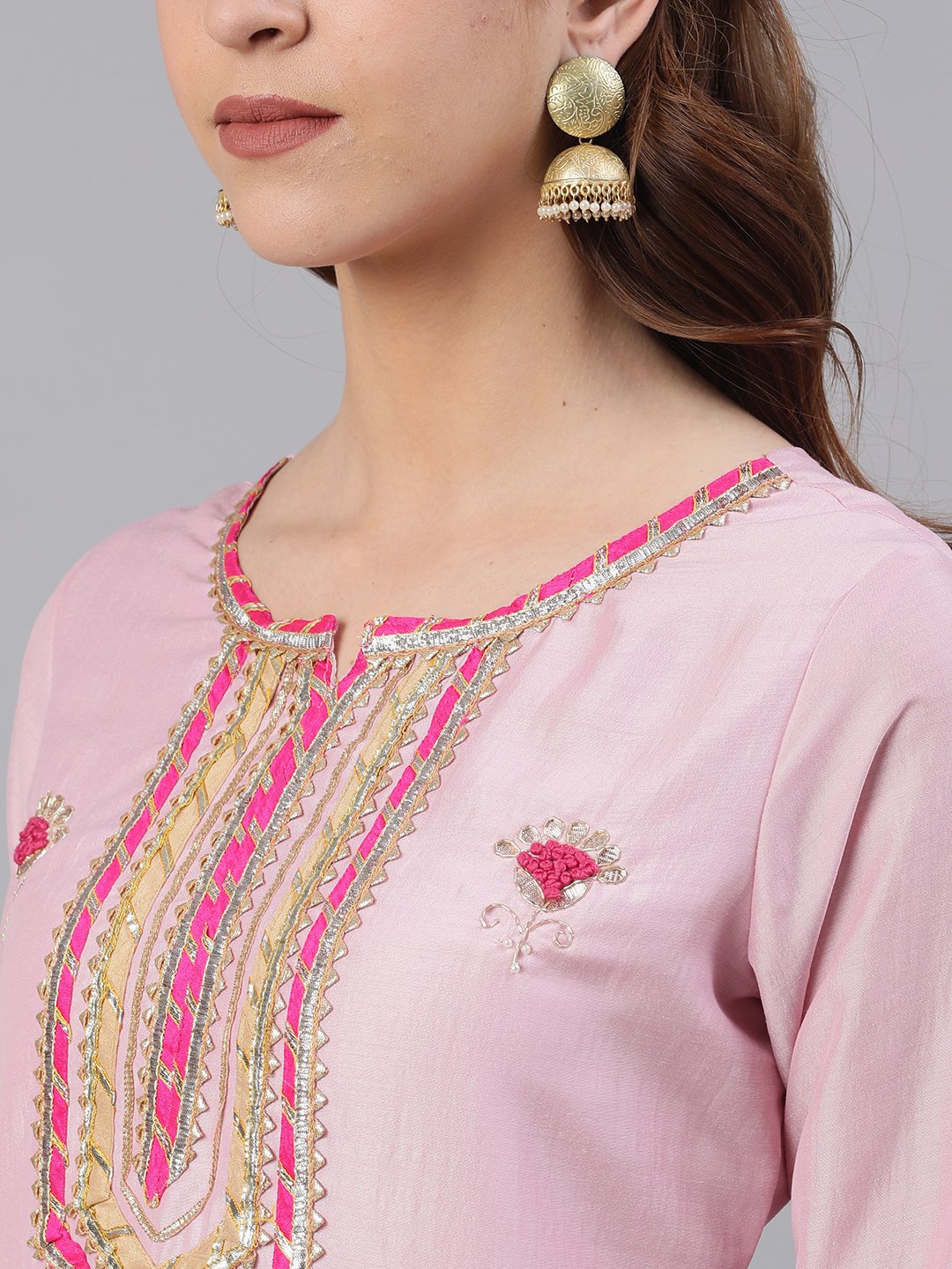 Ishin Women's Silk Pink Embroidered A-Line Kurta Trouser Dupatta Set