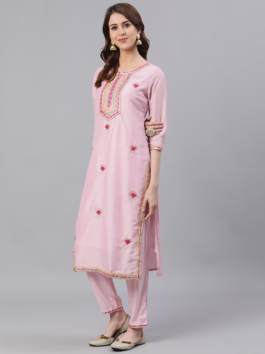 Graceful Pink Viscose rayon zari embroidery Straight Fit kurta set with dupatta