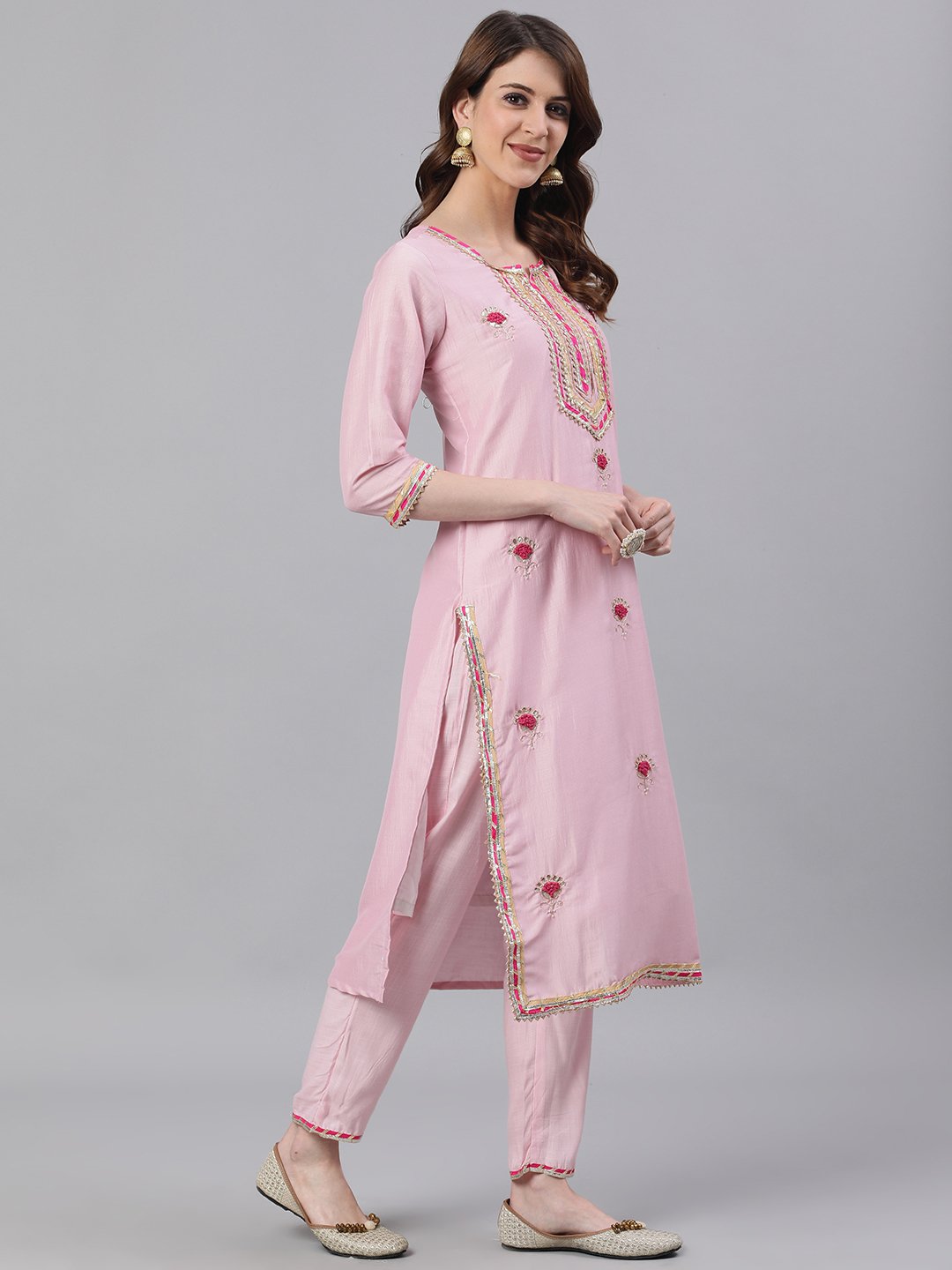 Graceful Pink Viscose rayon zari embroidery Straight Fit kurta set with dupatta