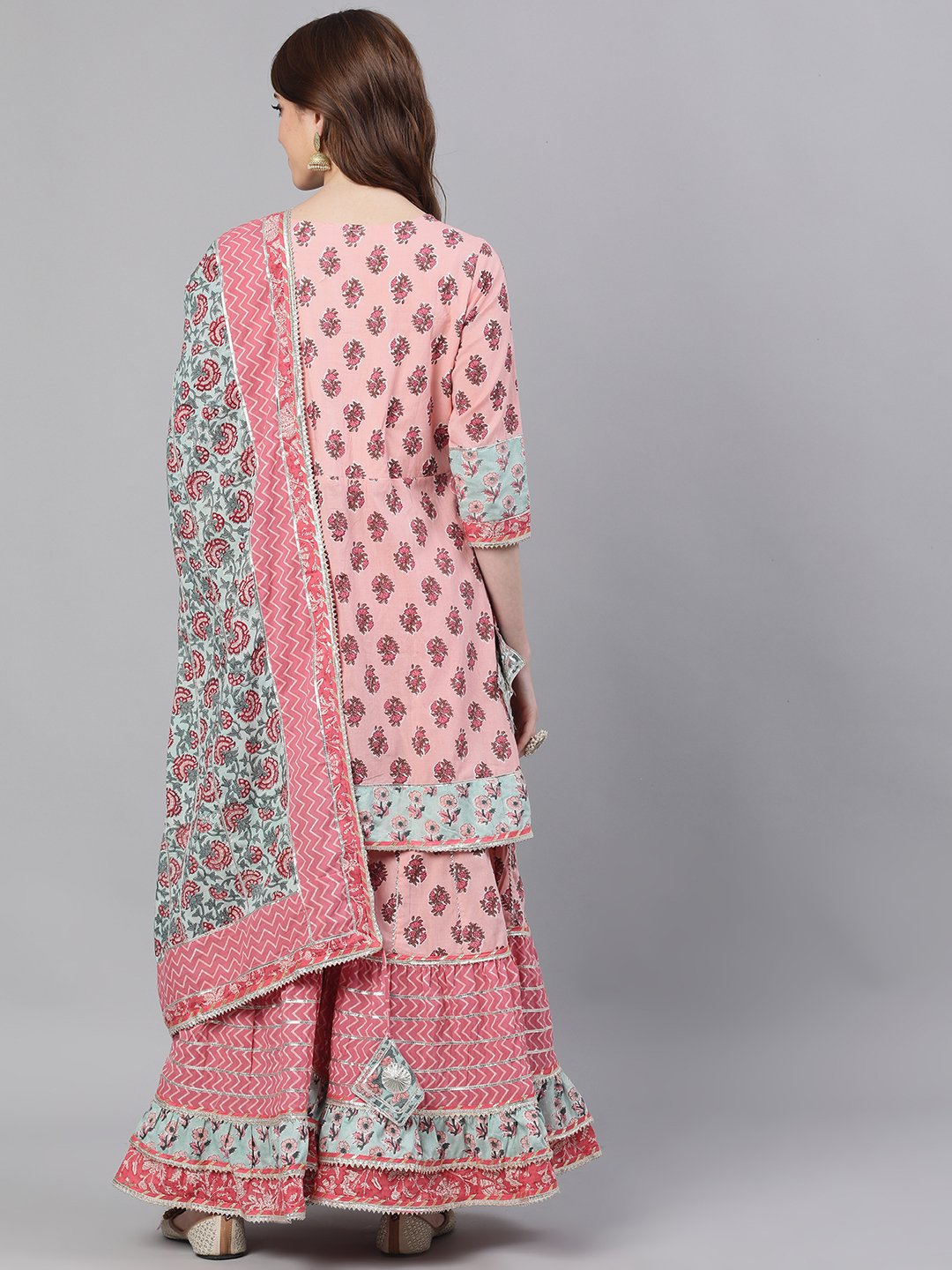 Ishin Women's Cotton Pink Embroidered Peplum Kurta Sharara Dupatta Set