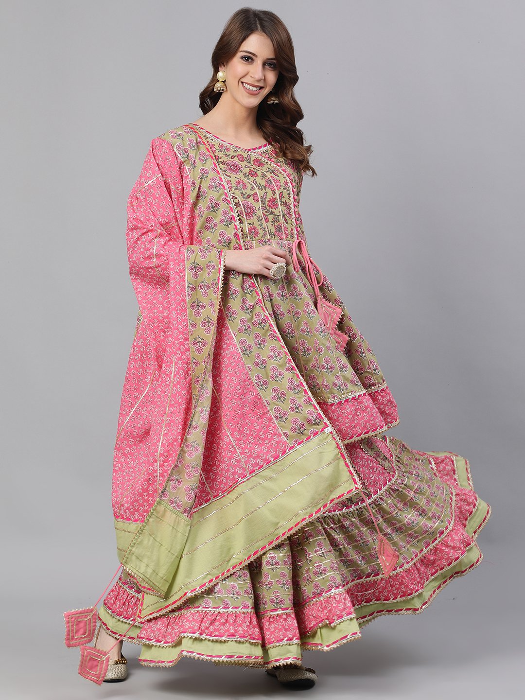 Ishin Women's Cotton Green Embroidered Peplum Kurta Sharara Dupatta Set