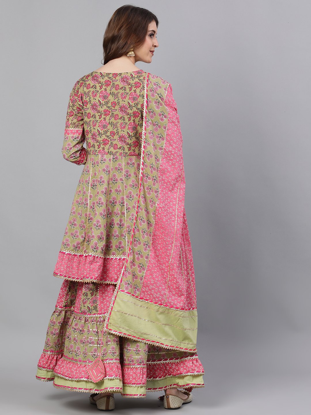 Ishin Women's Cotton Green Embroidered Peplum Kurta Sharara Dupatta Set