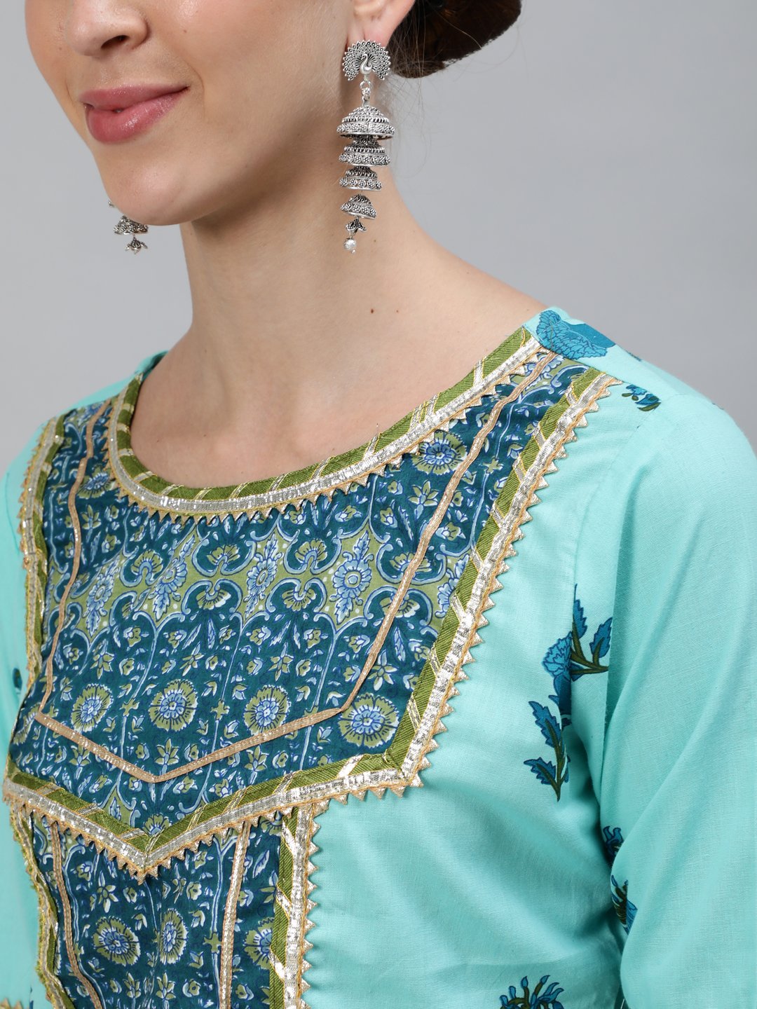 Ishin Women's Cotton Blue Embroidered A-Line Kurta Sharara Dupatta Set