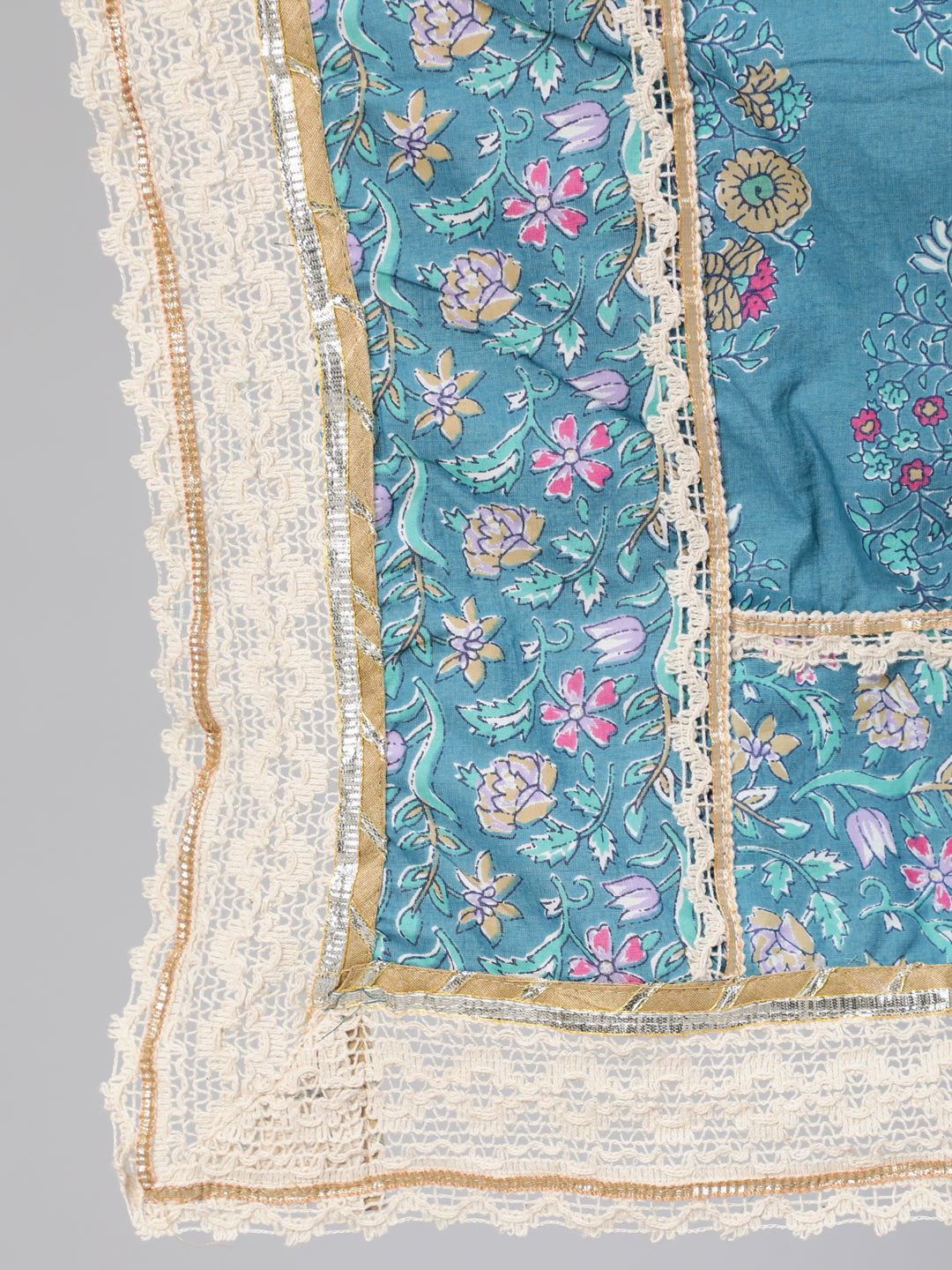 Ishin Women's Cotton Teal Blue Embroidered A-Line Kurta Trouser Dupatta Set