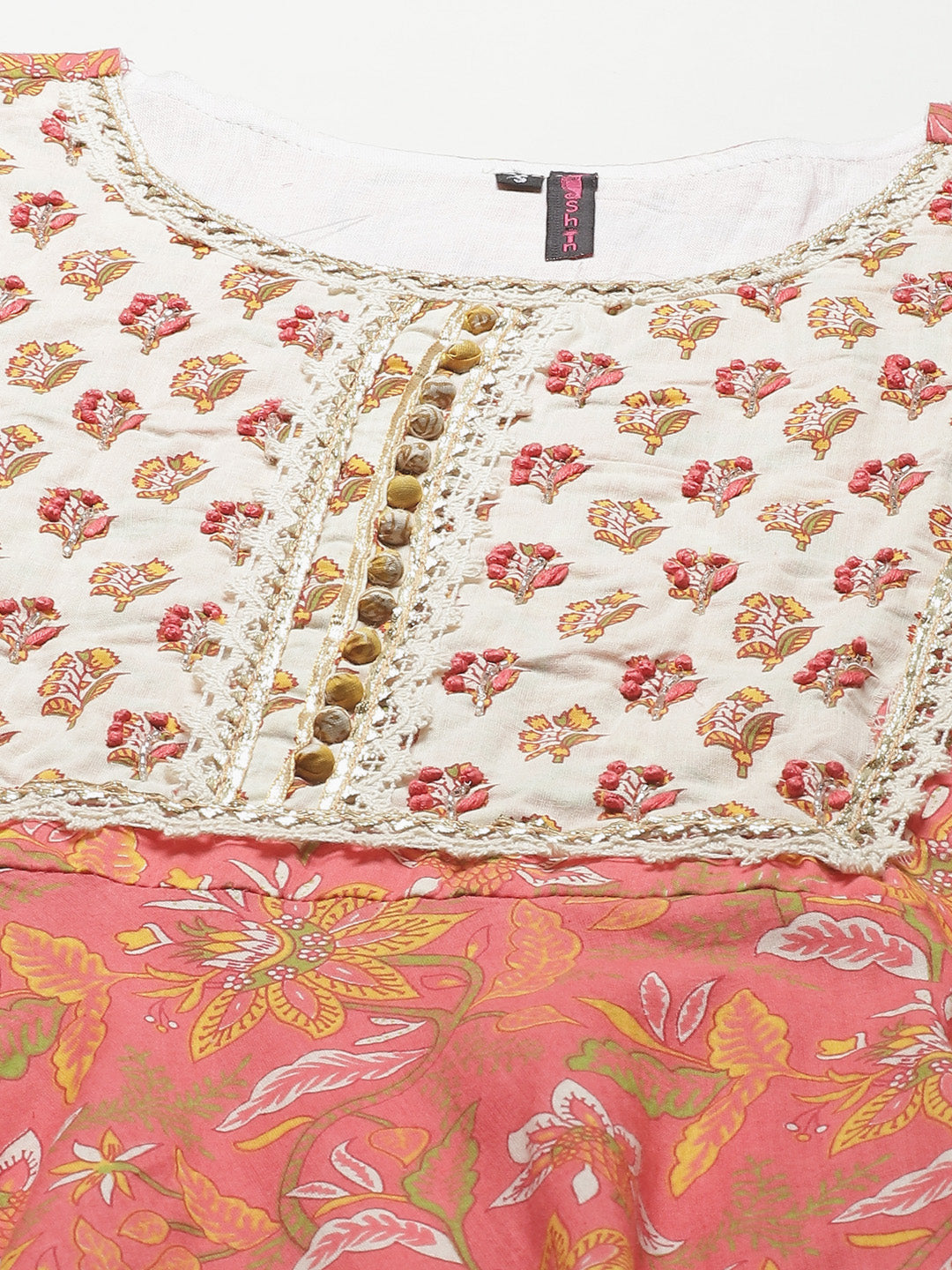 Ishin Women's Cotton Pink Embroidered Anarkali Kurta Trouser Dupatta Set 