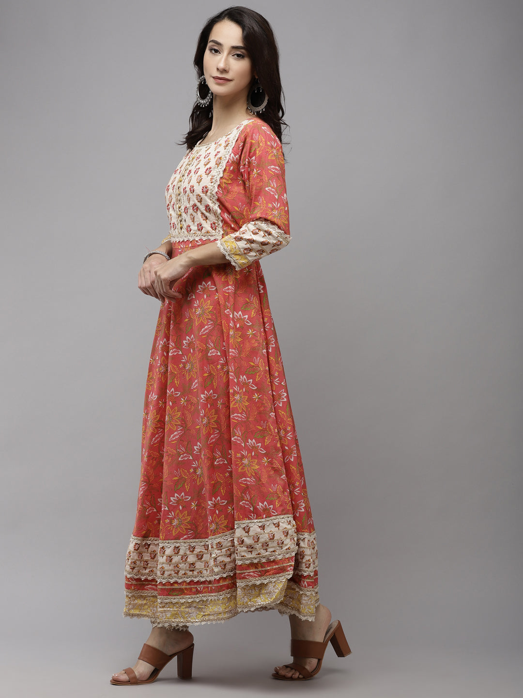 Ishin Women's Cotton Pink Embroidered Anarkali Kurta Trouser Dupatta Set