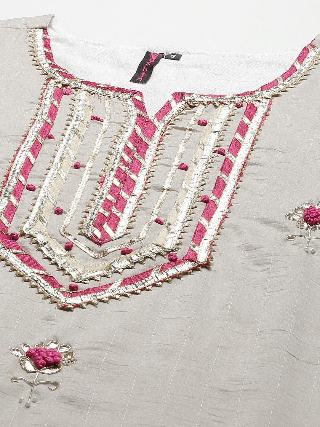 Ishin Women's Silk Blend Grey Embroidered A-Line Kurta Trouser Dupatta Set