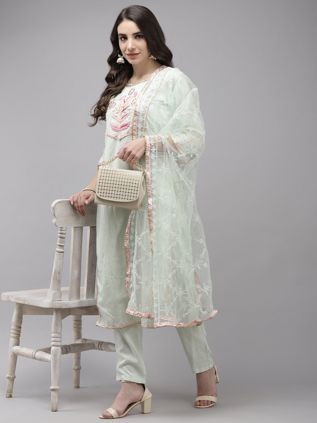 Ishin Women's Chanderi Silk Green Embroidered A-Line Kurta Trouser Dupatta Set