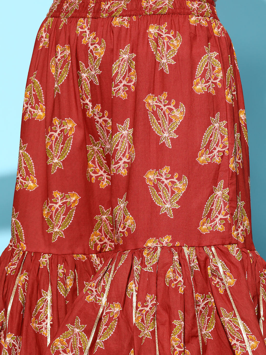 Ishin Women's Cotton Red Embroidered A-Line Layered Kurta Sharara Dupatta Set 