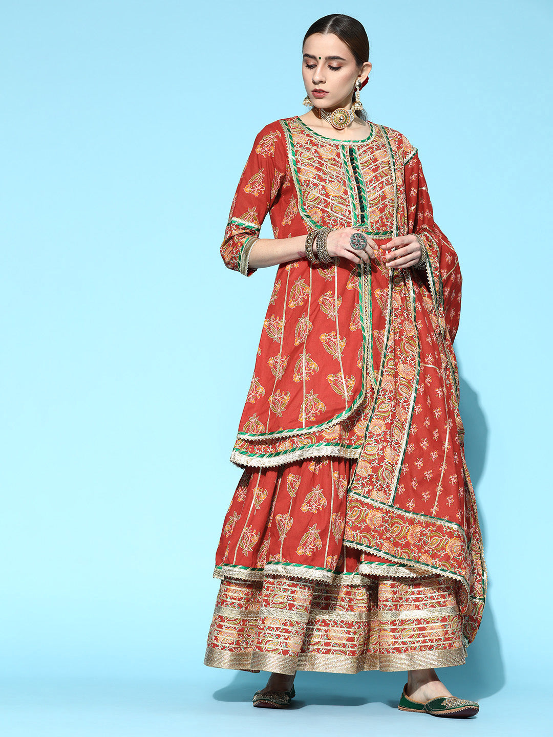Ishin Women's Cotton Red Embroidered A-Line Layered Kurta Sharara Dupatta Set