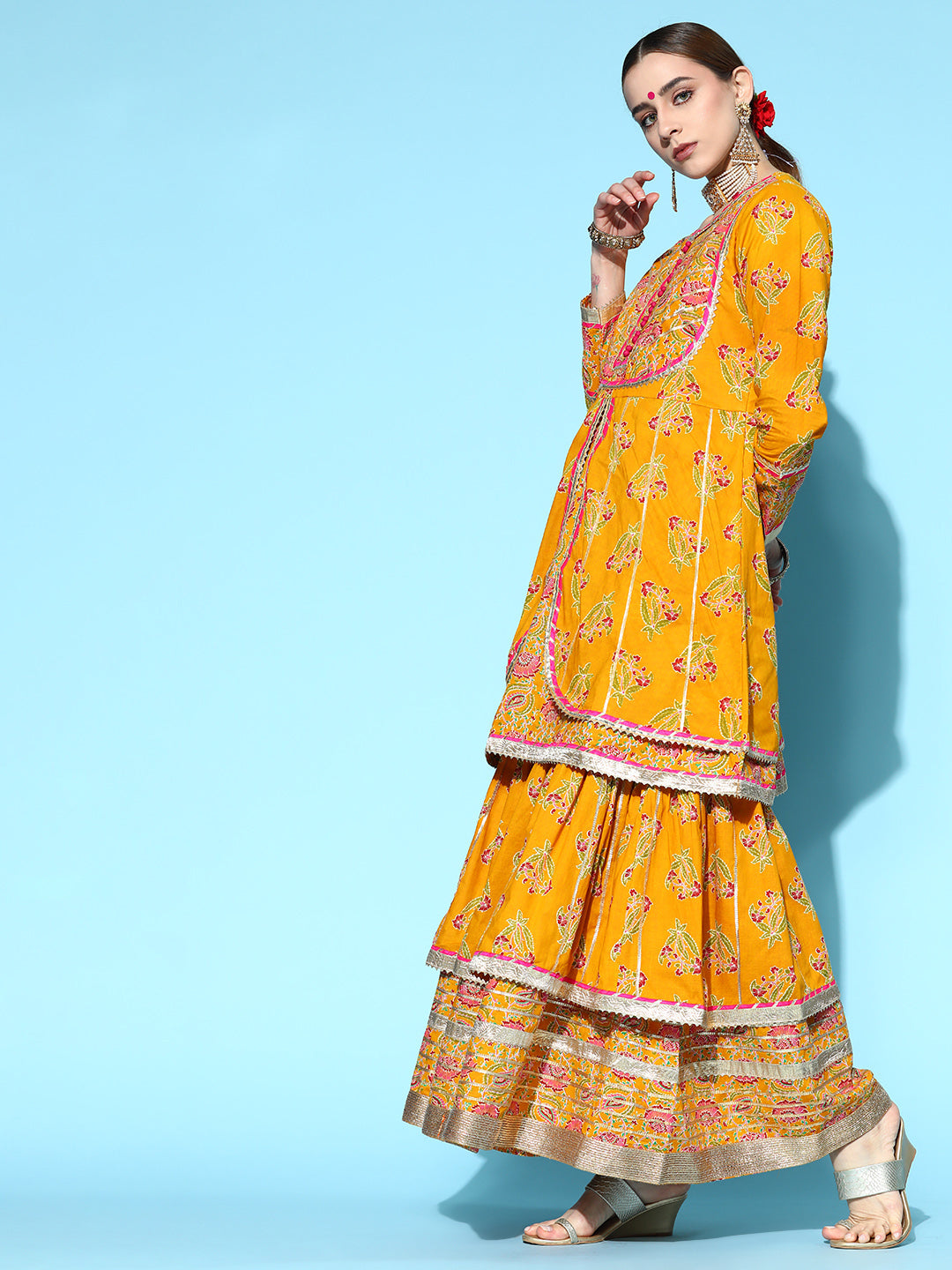 Ishin Women's Cotton Mustard Embroidered A-Line Layered Kurta Sharara Dupatta Set