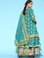 Ishin Women's Cotton Sea Green Embroidered A-Line Layered Kurta Sharara Dupatta Set 