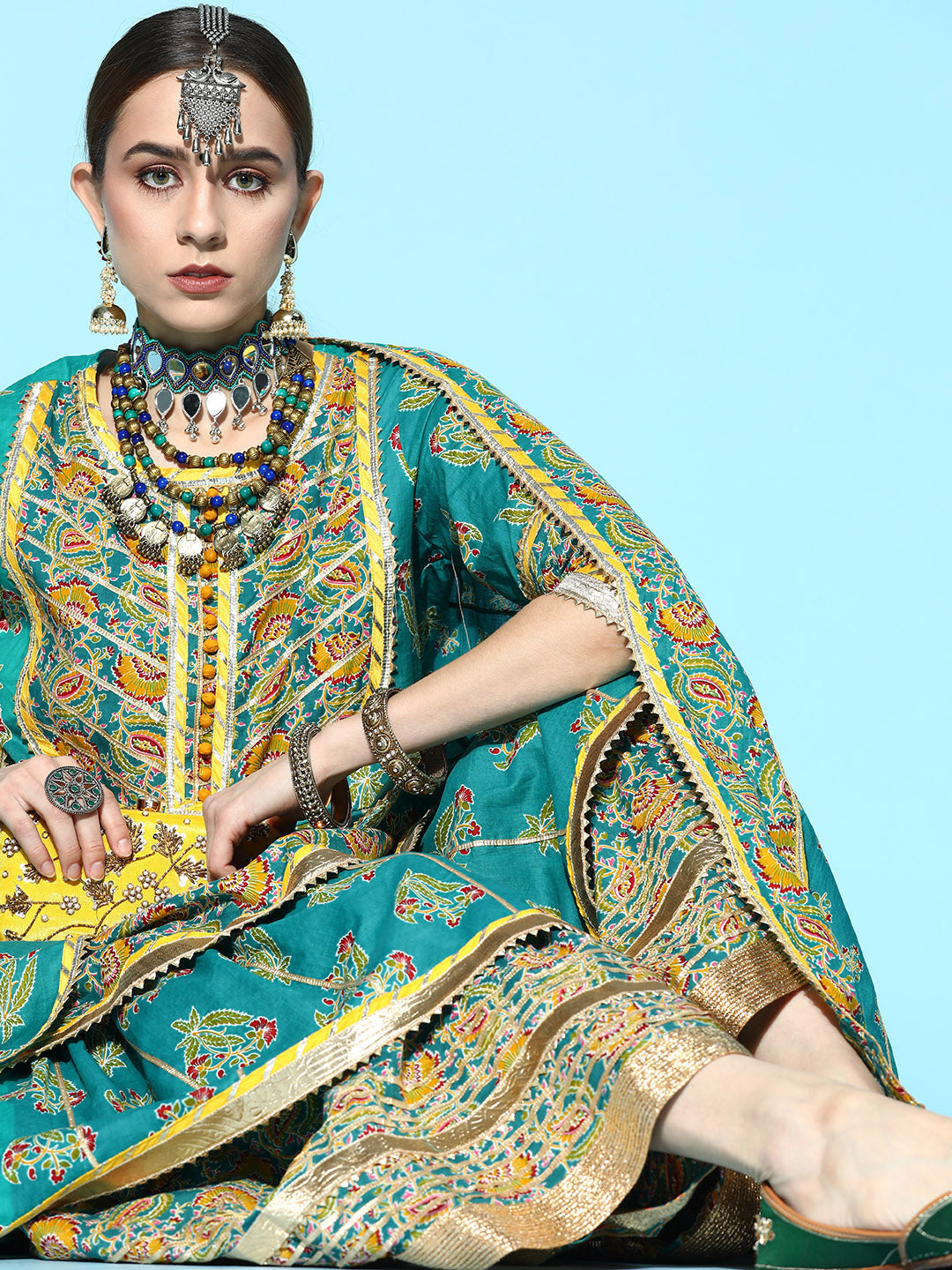 Ishin Women's Cotton Sea Green Embroidered A-Line Layered Kurta Sharara Dupatta Set