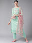 Ishin Women's Chanderi Silk Sea Green Embroidered A-Line Kurta Trouser Dupatta Set