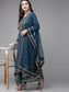 Ishin Women's Teal Embroidered Anarkali Kurta With Trouser & Dupatta