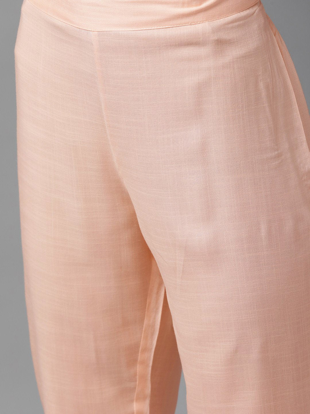 Ishin Women's Peach Yoke Design  Embroidered A-Line Kurta Trouser Dupatta Set