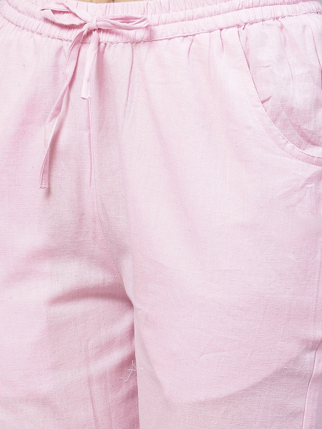 Ishin Women's Viscose Rayon White & Pink Printed A-Line Kurta Trouser Dupatta Set