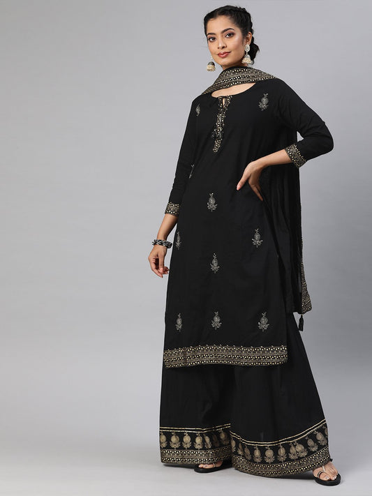 Ishin Women's Sequins Embellished Straight Kurta Sharara Dupatta Set