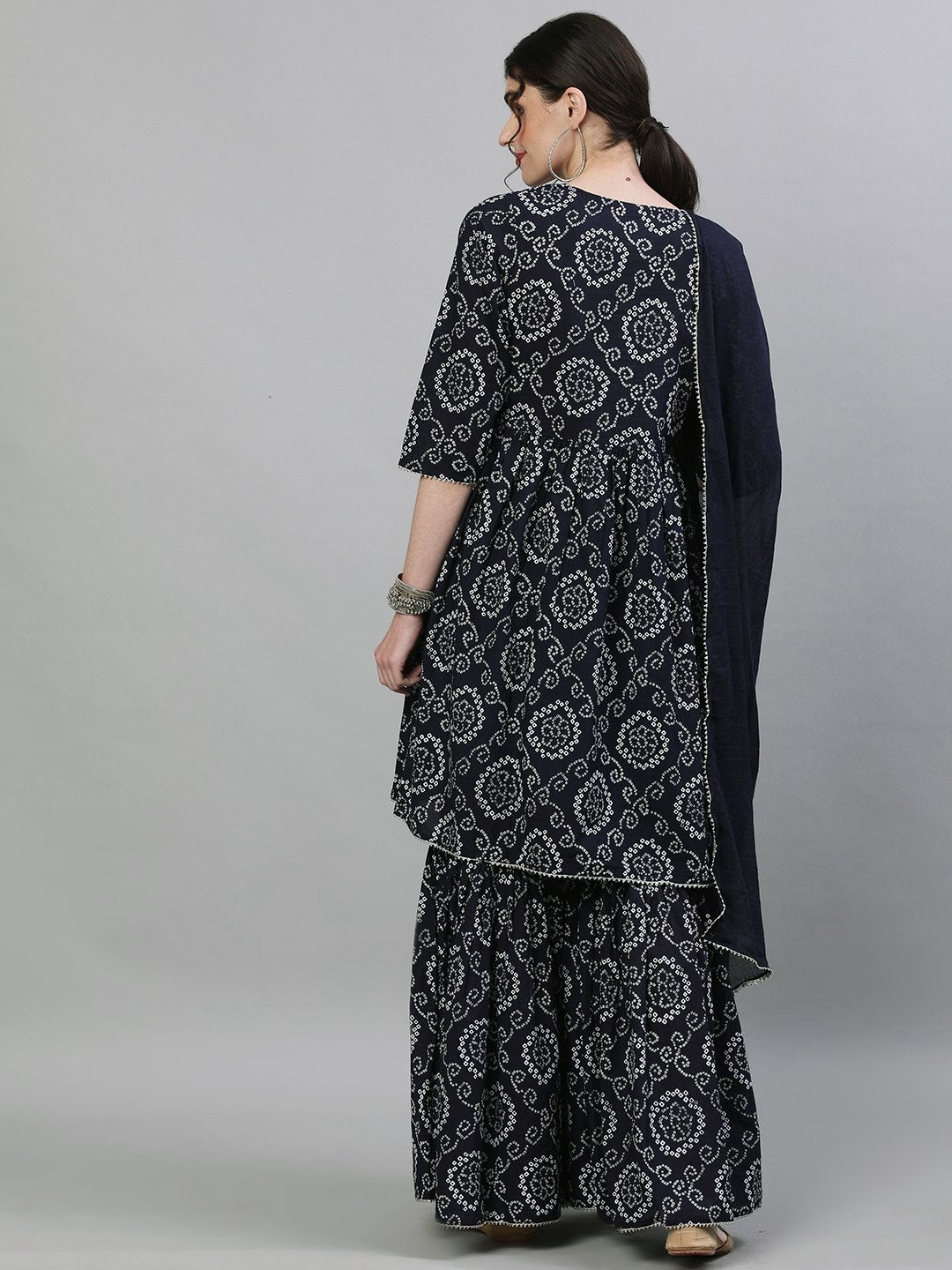 Ishin Women's Cotton Black Jewel Neck Bandhani Embellished Peplum Kurta Sharara Dupatta Set