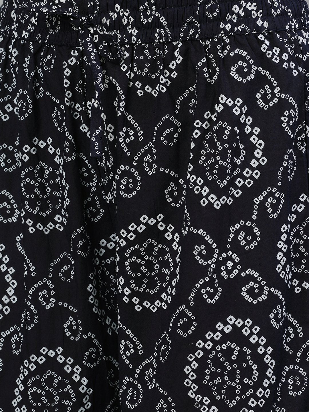 Ishin Women's Cotton Black Jewel Neck Bandhani Embellished Peplum Kurta Sharara Dupatta Set