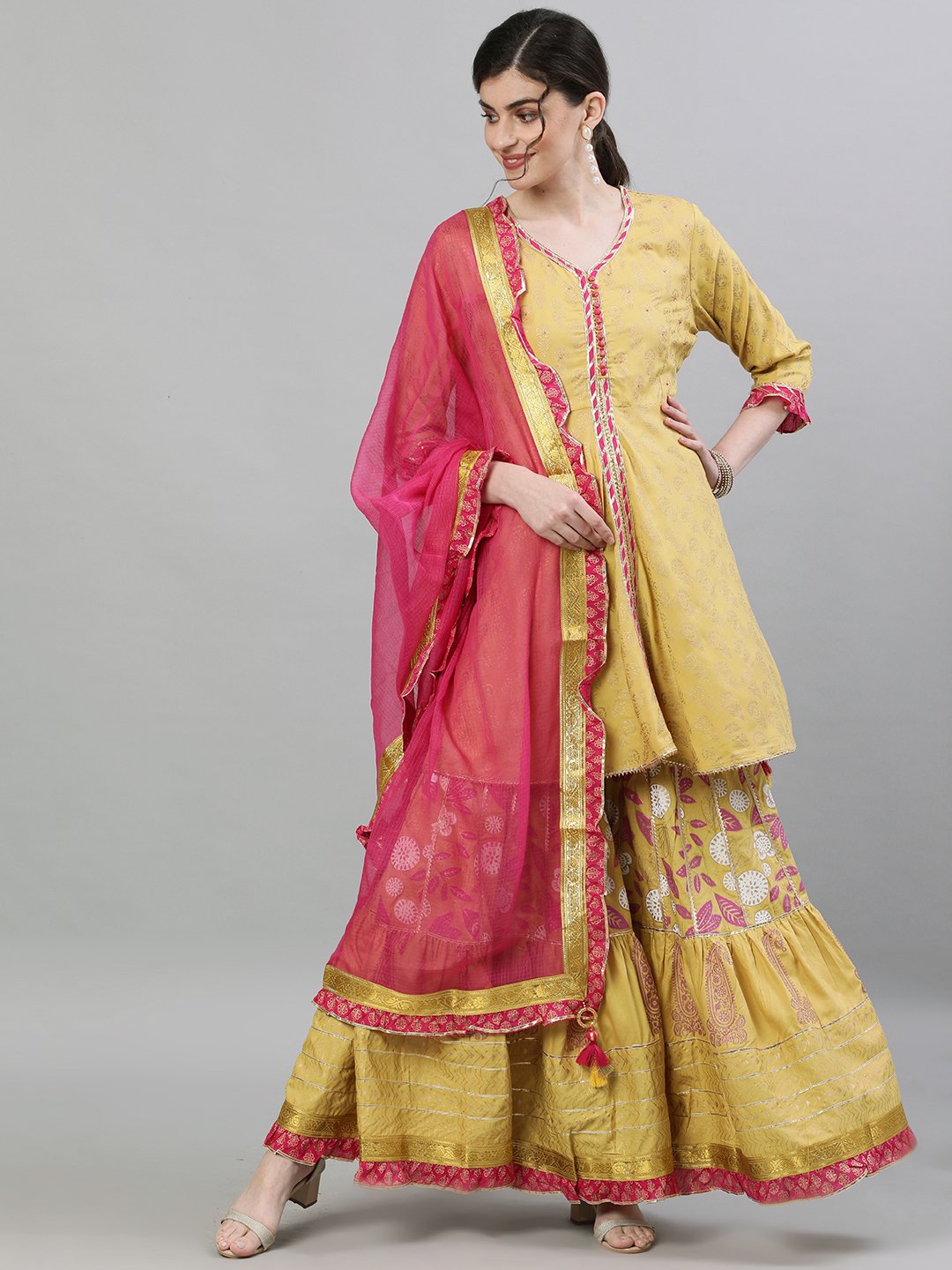 Ishin Women's Silk Mustard Embellished Peplum Kurta Sharara Dupatta Set