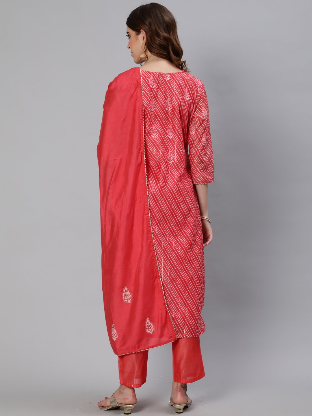 Ishin Women's Chanderi Leheriya Zari Embroidered A-Line Kurta Trouser Dupatta Set