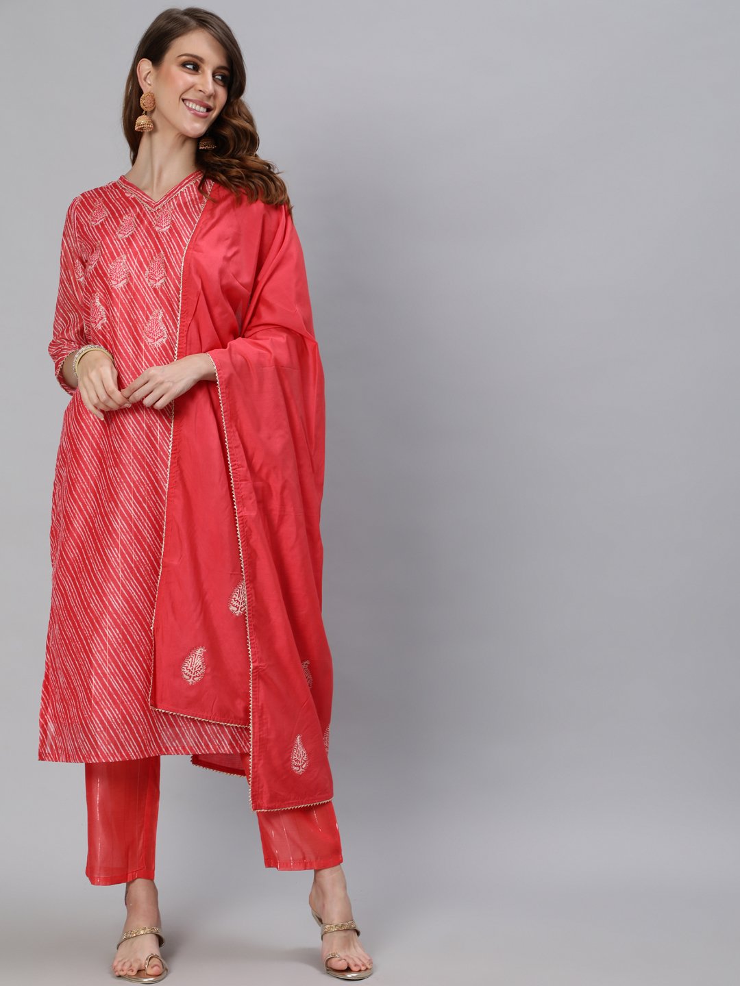 Ishin Women's Chanderi Leheriya Zari Embroidered A-Line Kurta Trouser Dupatta Set