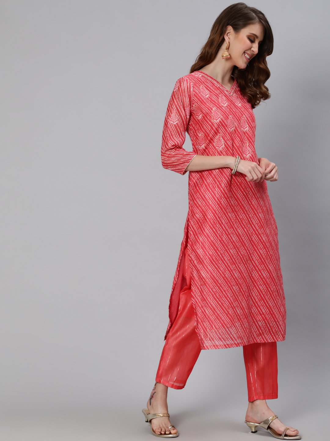 Ishin Women's Chanderi Leheriya Zari Embroidered A-Line Kurta Trouser Dupatta Set