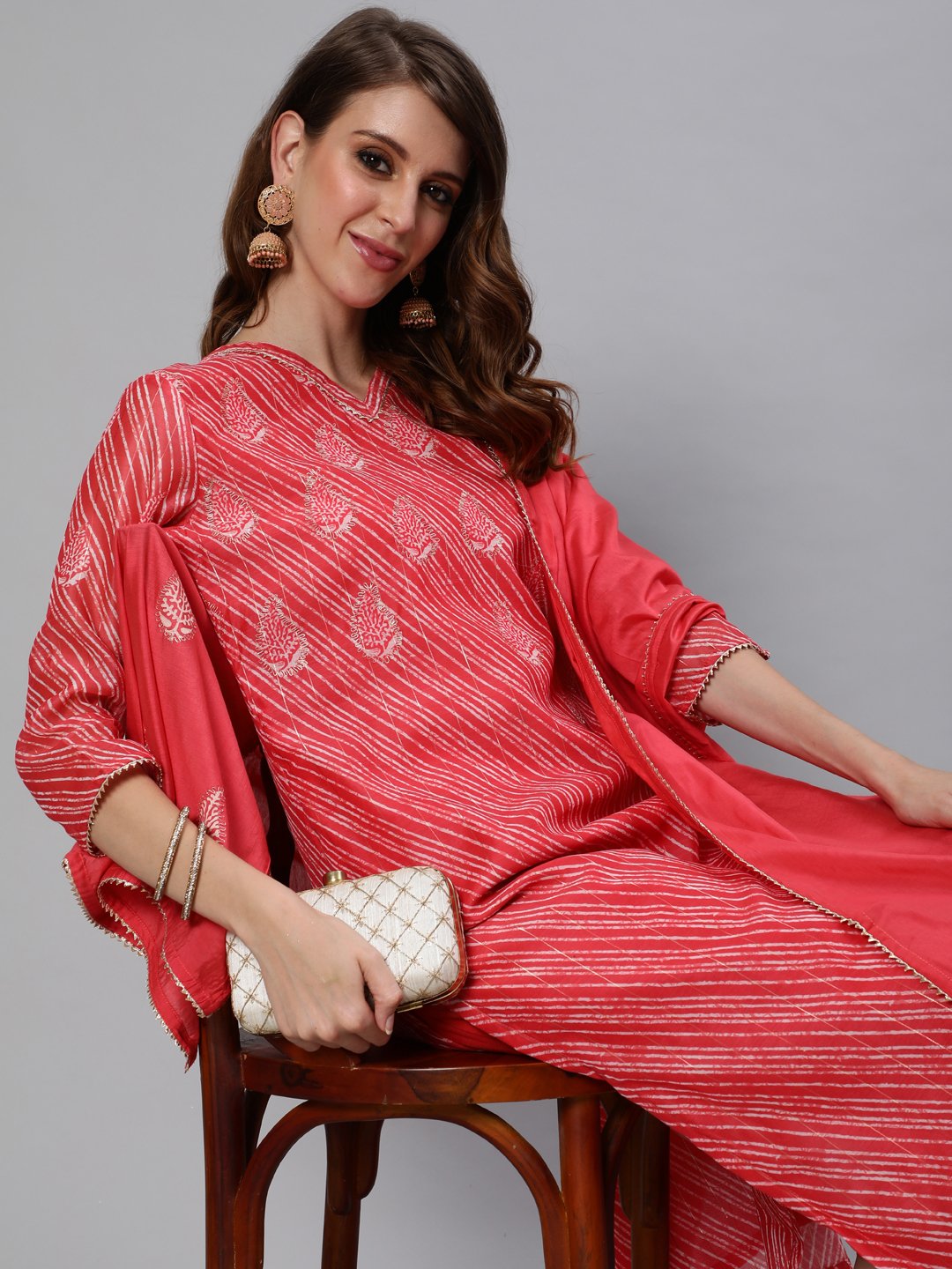 Ishin Women's Chanderi Leheriya Zari Embroidered A-Line Kurta Trouser Dupatta Set