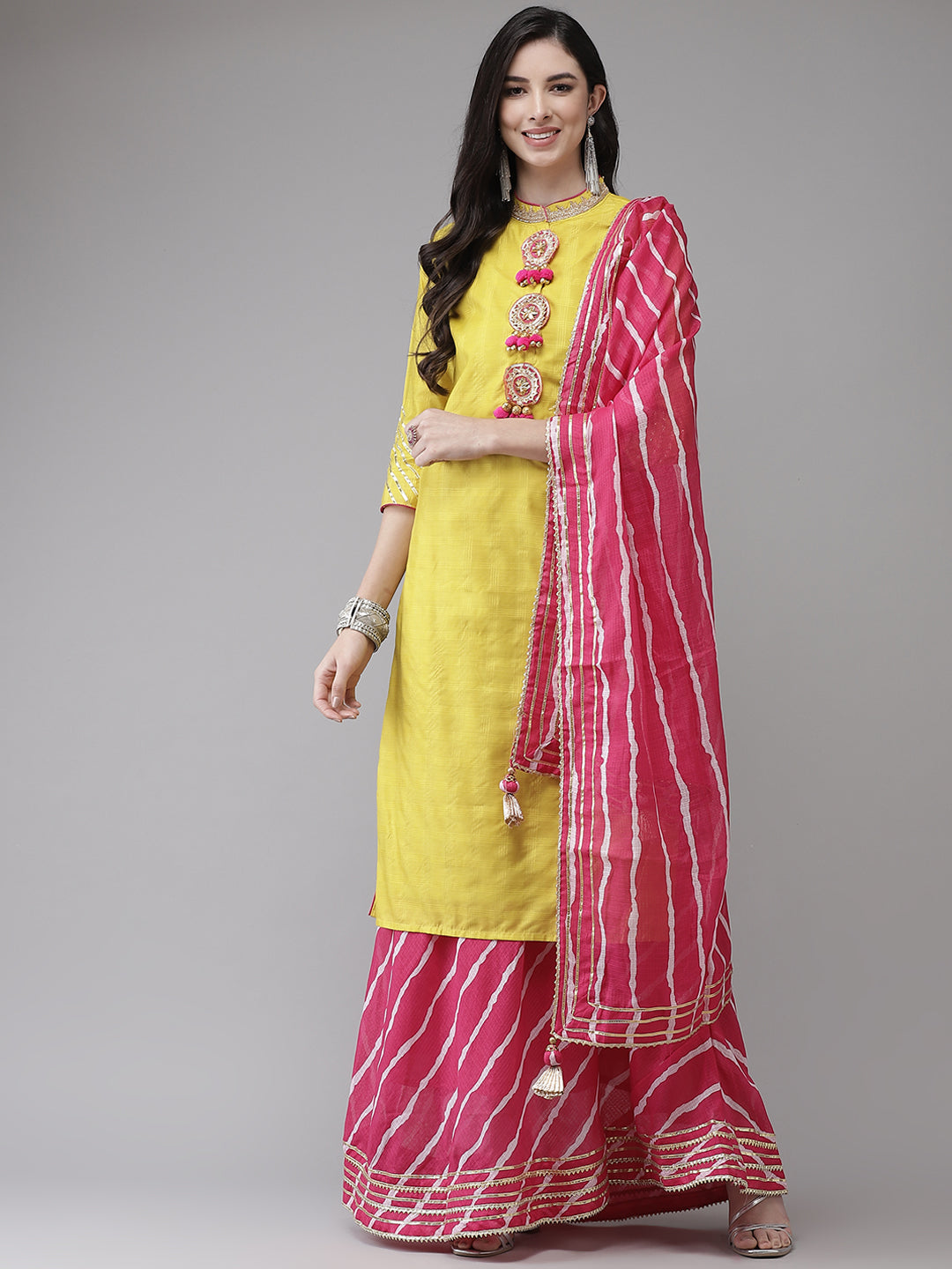 Ishin Women's Yellow & Pink Gotta Patti Embroidered A-Line Kurta Skirt Dupatta Set 