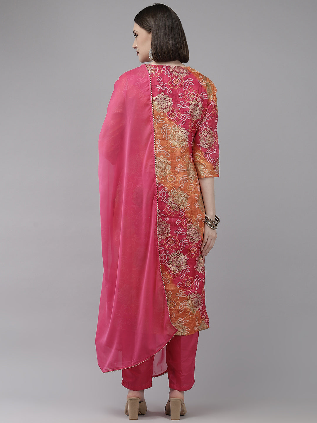 Ishin Women's Multicolored Bandhani A-line Kurta with Trouser & Dupatta