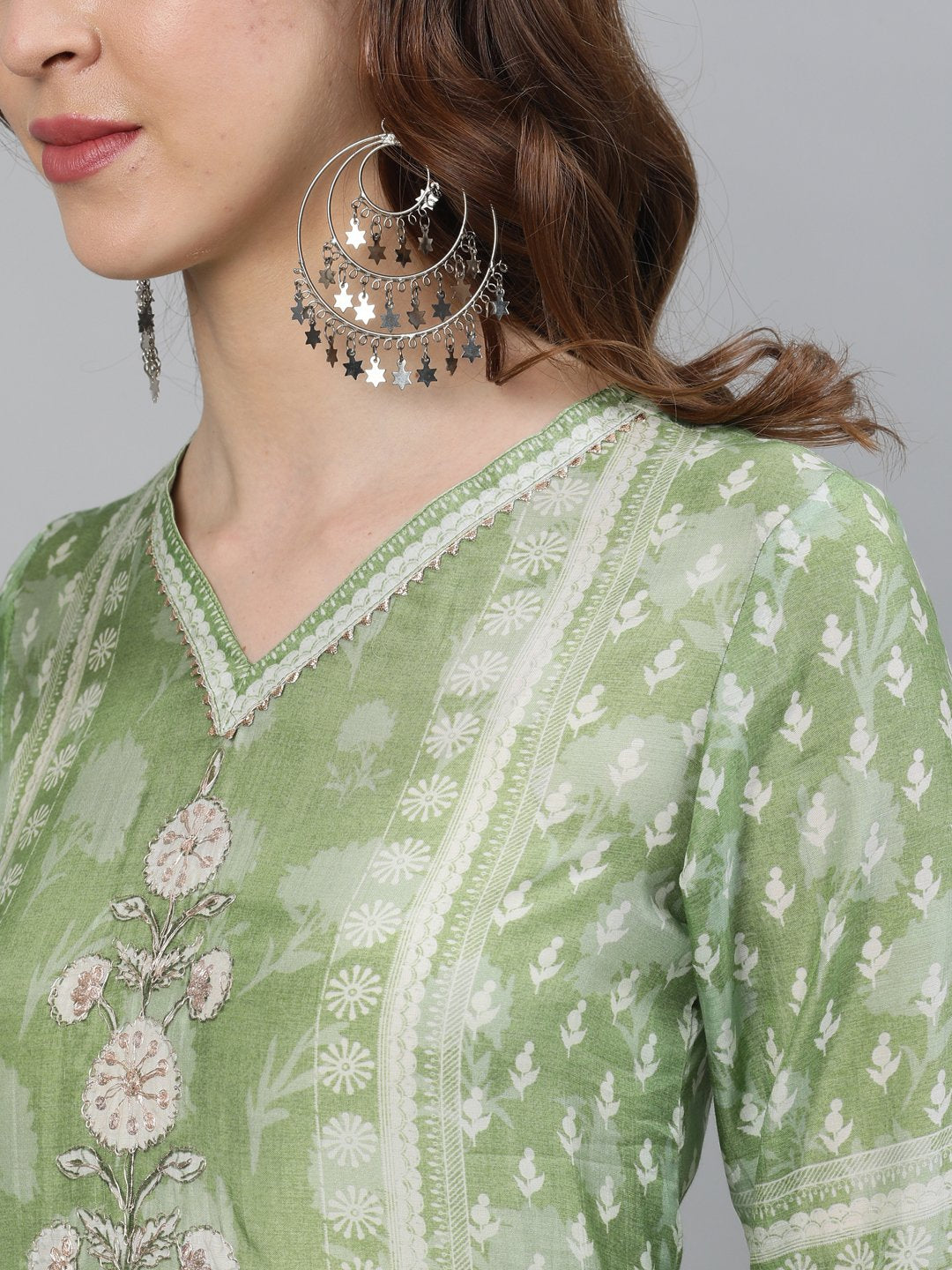 Ishin Women's Silk Green Printed With Gota Patti Straight Kurta Trouser & Dupatta Set