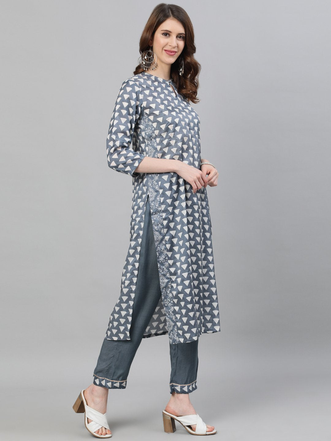 Ishin Women's Silk Grey Printed Embroidered Straight Kurta Palazzo & Dupatta Set