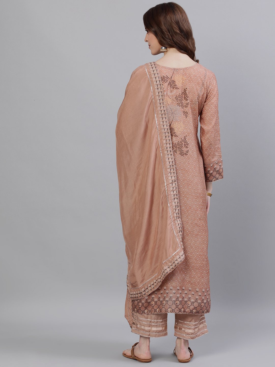 Ishin Women's Silk Brown Zari Embroidered A-Line Kurta Trouser Dupatta Set