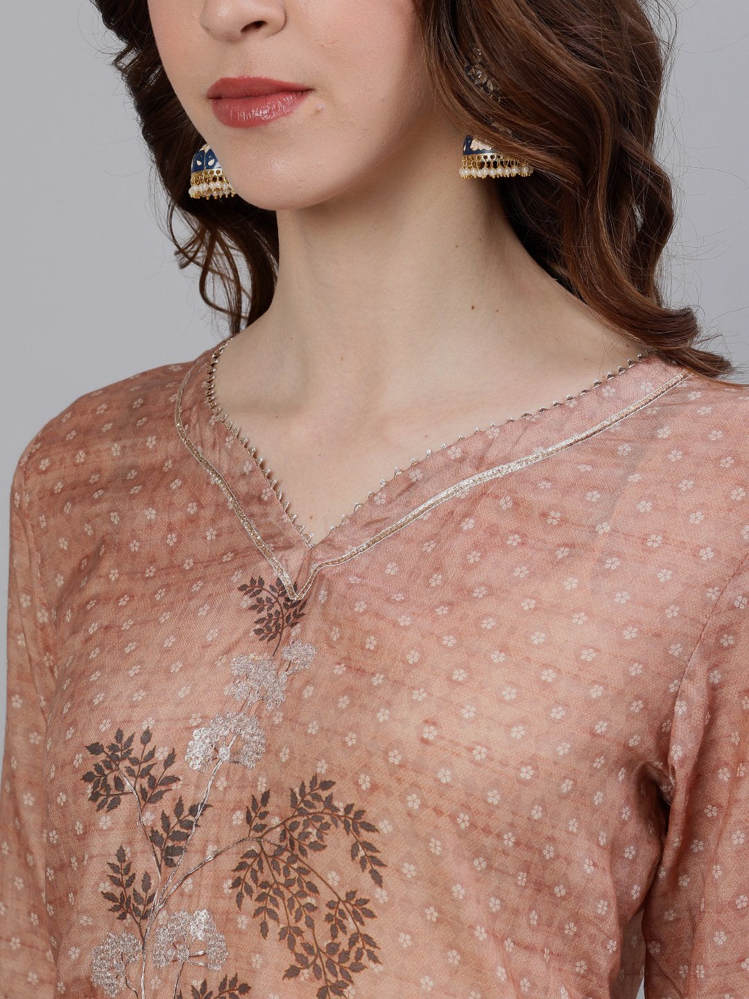 Ishin Women's Silk Brown Zari Embroidered A-Line Kurta Trouser Dupatta Set
