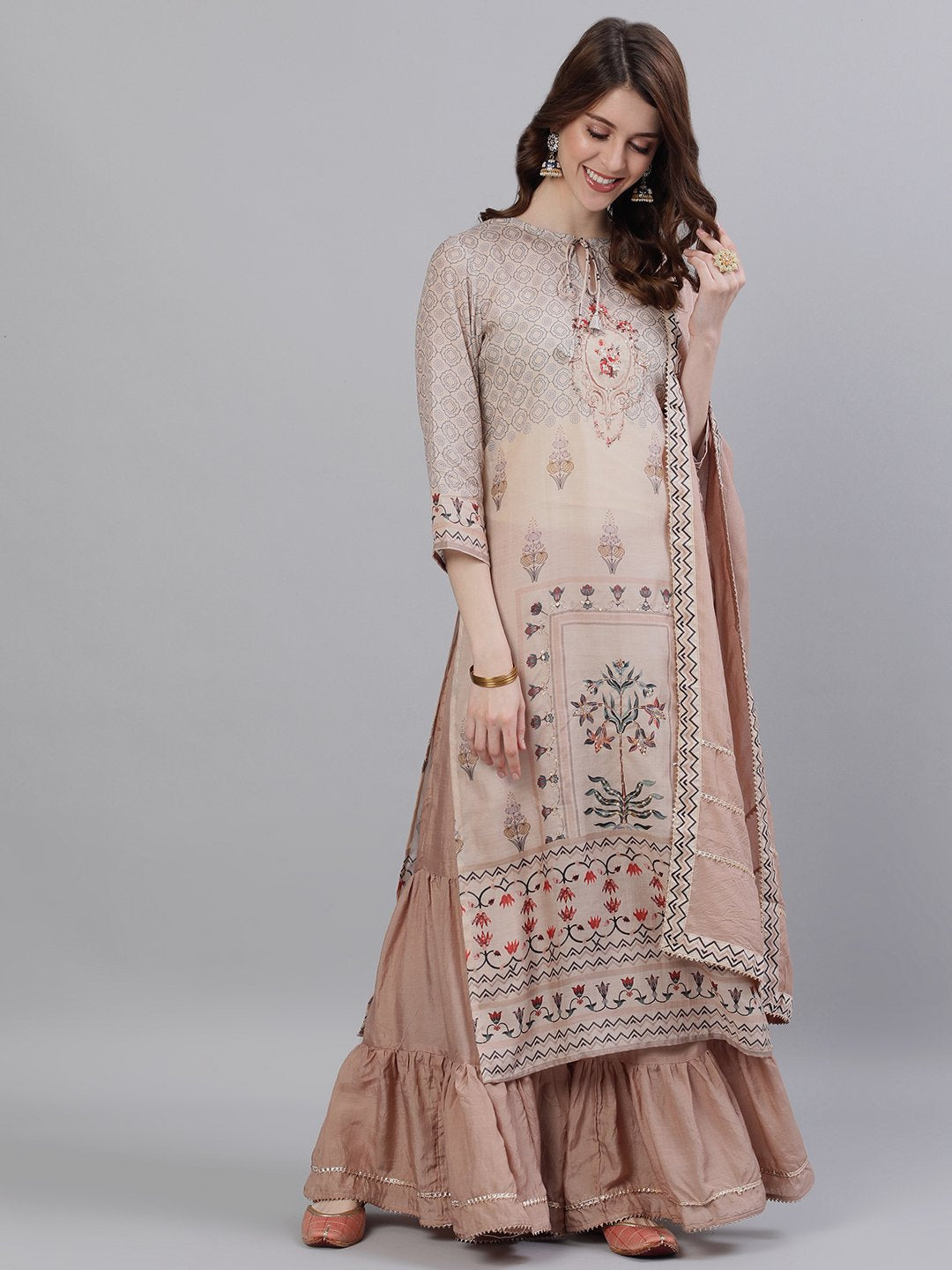 Ishin Women's Silk Peach Zari Embroidered A-Line Kurta Sharara Dupatta Set