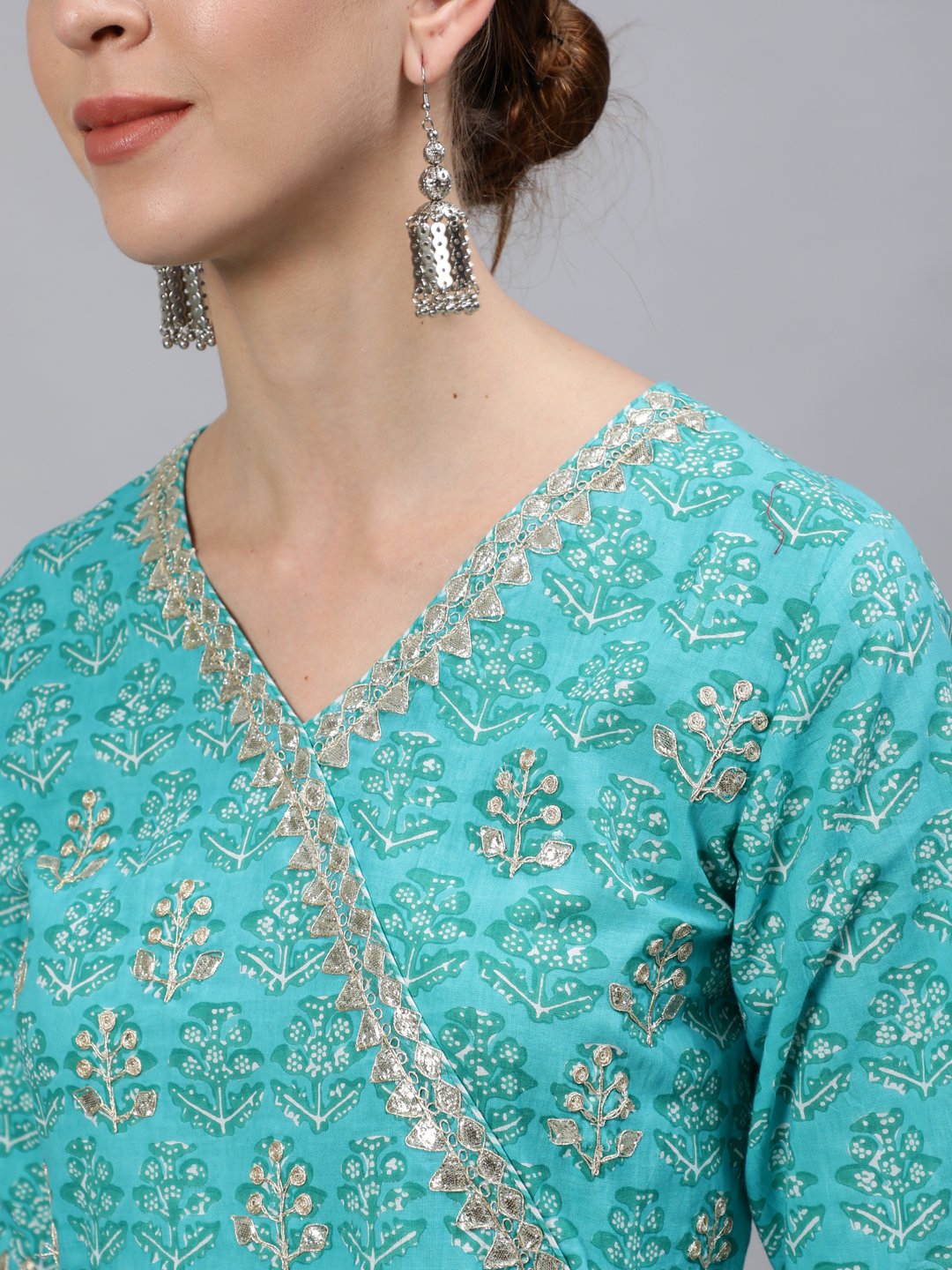Ishin Women's Sea Green Zari Embroidered Angrakha Kurta With Sharara & Dupatta