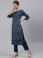 Ishin Women's Teal Bandhani Embroidered Straight Kurta Trouser Dupatta Set