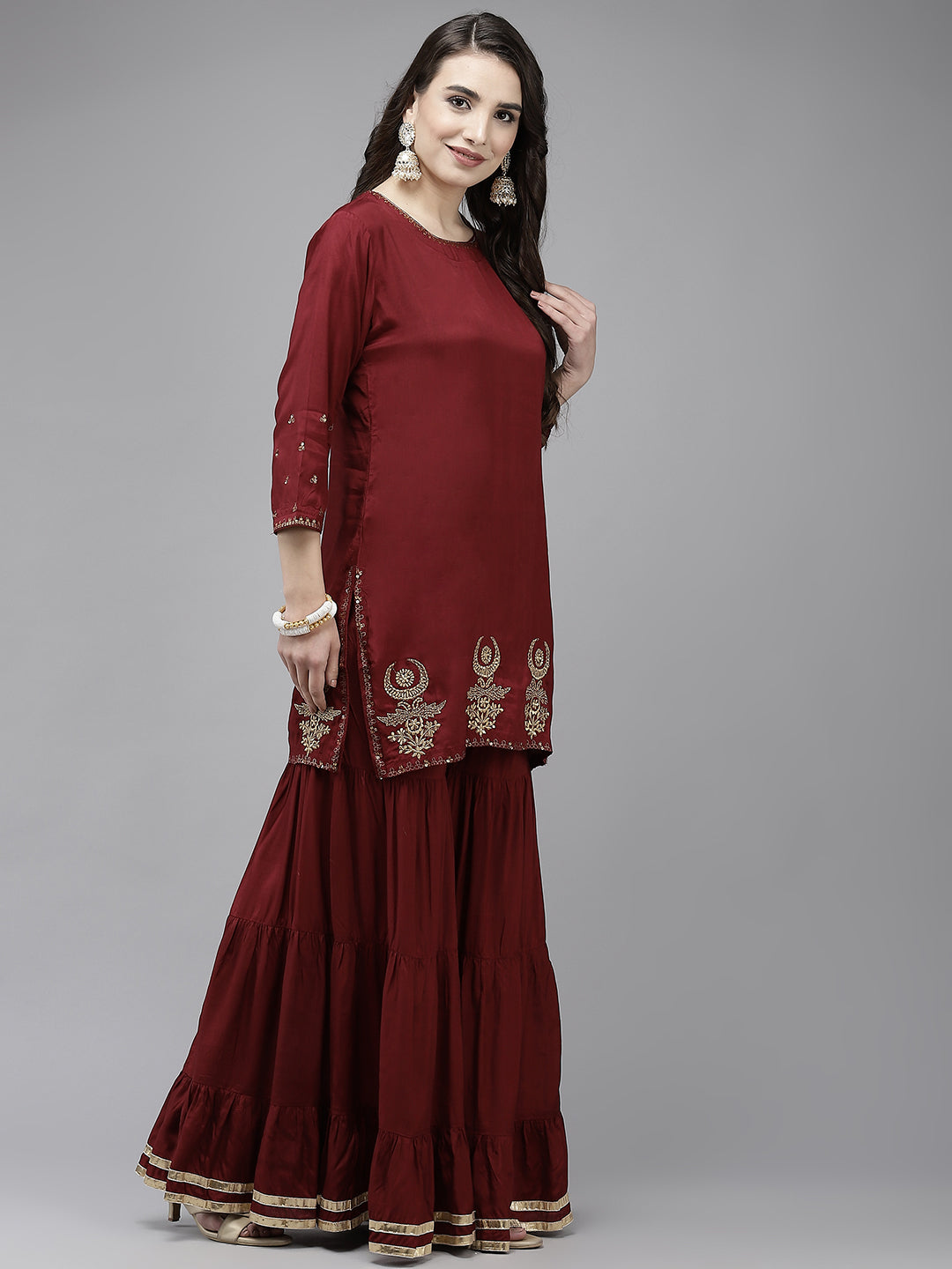 Ishin Women's Maroon Embroidered Short Kurta with Sharara & Dupatta