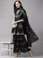 Ishin Women's Cotton Blend Black Embroidered Anarkali Peplum Kurta Sharara Dupatta Set