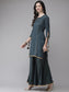 Ishin Women's Silk Blend Teal Embroidered A-Line Kurta Skirt Dupatta Set