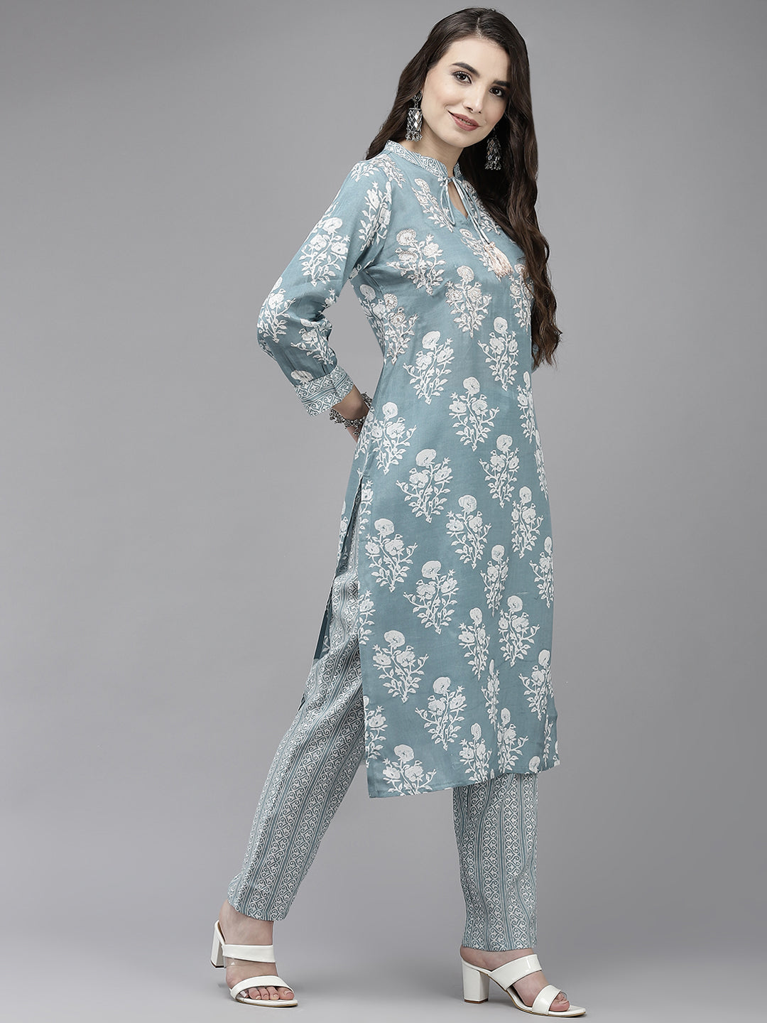 Ishin Women's Grey Zari Embroidered A-Line Kurta With Trouser & Dupatta