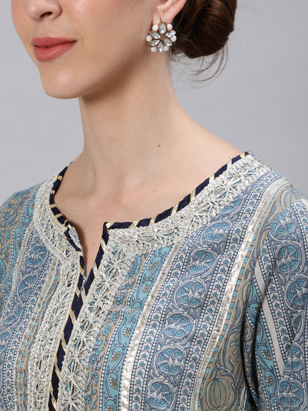 Ishin Women's Blue & Grey Embroidered A-Line Kurta Sharara Dupatta Set with Potli Clutch