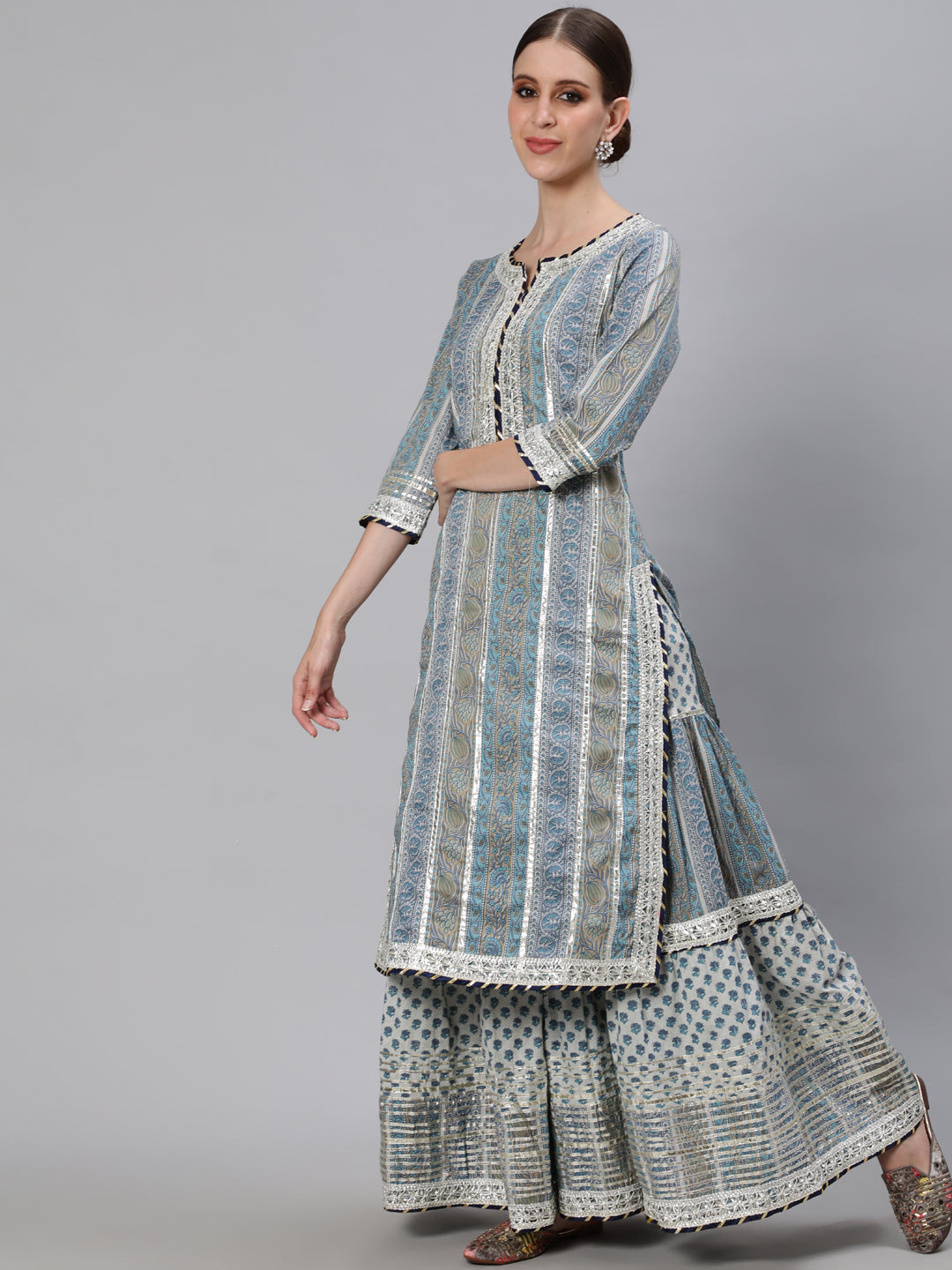 Ishin Women's Blue & Grey Embroidered A-Line Kurta Sharara Dupatta Set with Potli Clutch