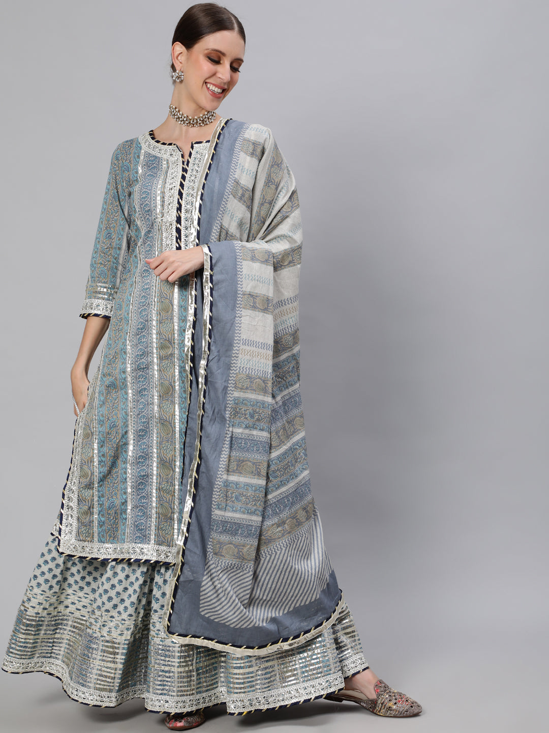 Ishin Women's Blue & Grey Embroidered A-Line Kurta Sharara Dupatta Set with Potli Clutch