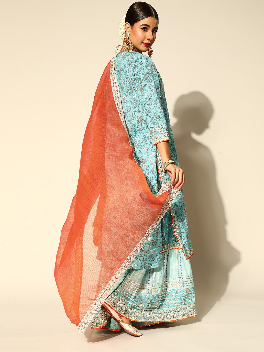 Ishin Women's Blue Zari Embroidered A-Line Kurta Sharara Dupatta Set 